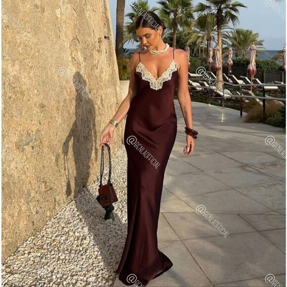 NWT ZARA LACE SLIP DRESS ZW COLLECTION satin silk maxi dress Lingerie Burgundy - Picture 9 of 16